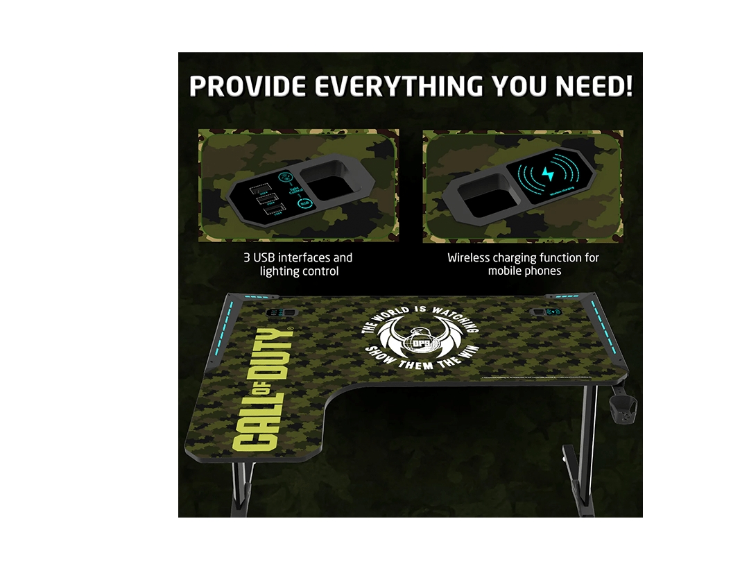 GAMEON Call Of Duty Phantom XL-L Series L-Shaped RGB Flowing Light Gaming Desk With Mouse pad, Headphone Hook, Cup Holder, Cable Management, Gamepad Holder, Qi Wireless Charger & USB Hub - Black/Green in Qatar GAMEON Call Of Duty Phantom XL-L Series L-Shaped RGB Flowing Light Gaming Desk With Mouse pad, Headphone Hook, Cup Holder, Cable Management, Gamepad Holder, Qi Wireless Charger & USB Hub - Black/Green in Qatar